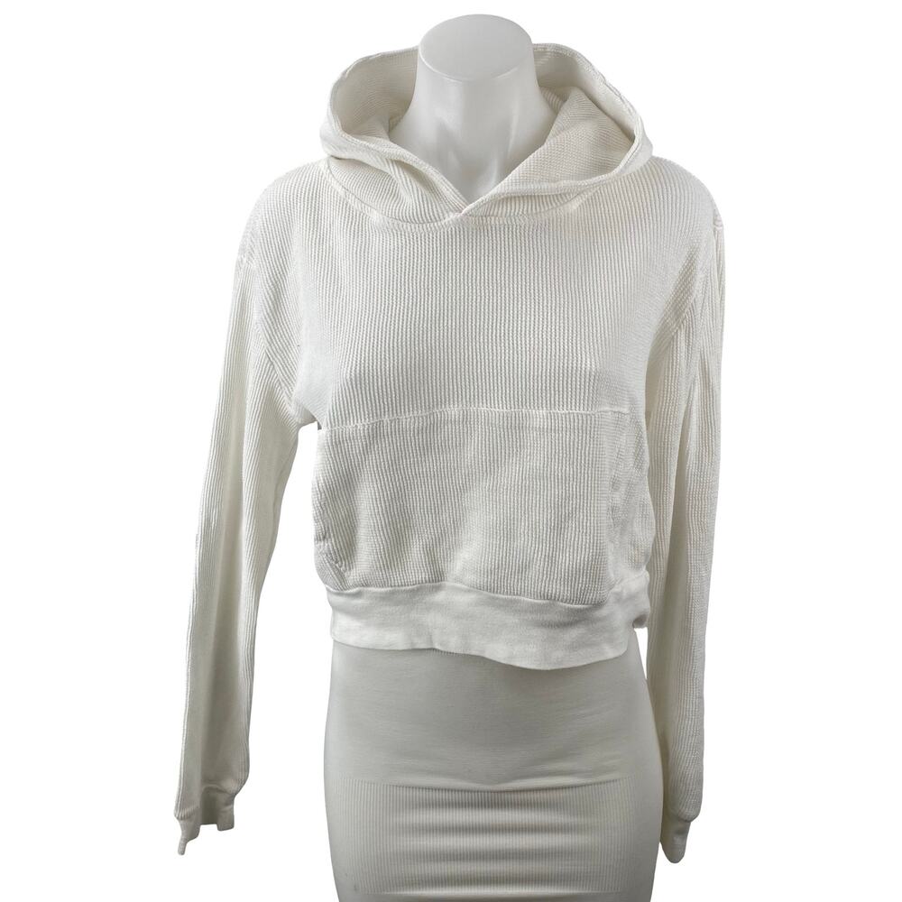 Brandy Melville Womens White Crop Hoodie Hooded Waffle Knit Thermal Sweatshirt S